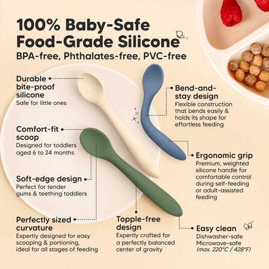 KeaBabies - 3-Pack Prep Silicone Baby Spoons for Toddlers 6-24 months KeaBabies