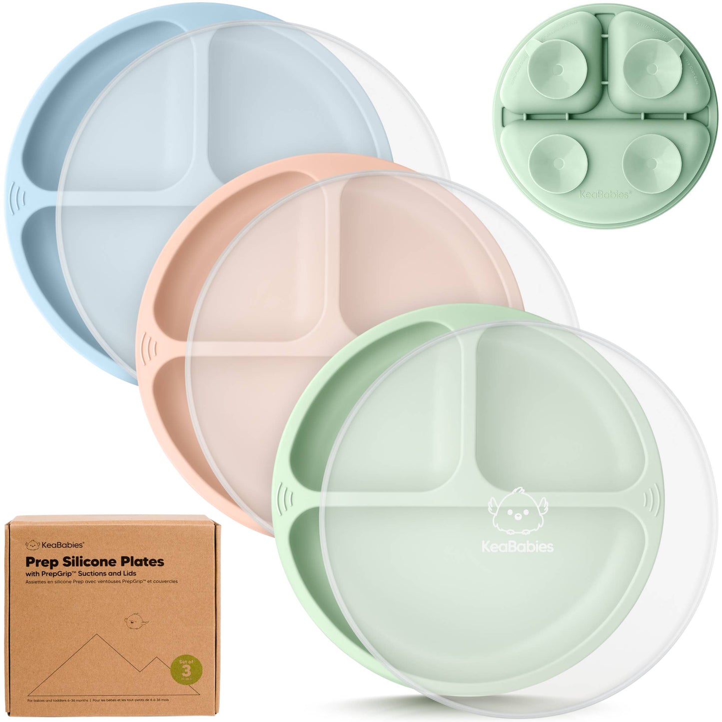 KeaBabies - 3-Pack Prep Suction Plates with Lids BPA-Free Baby Plate KeaBabies