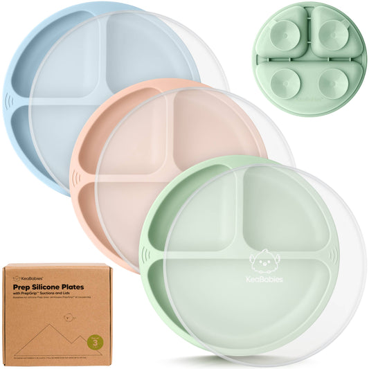 KeaBabies - 3-Pack Prep Suction Plates with Lids BPA-Free Baby Plate KeaBabies