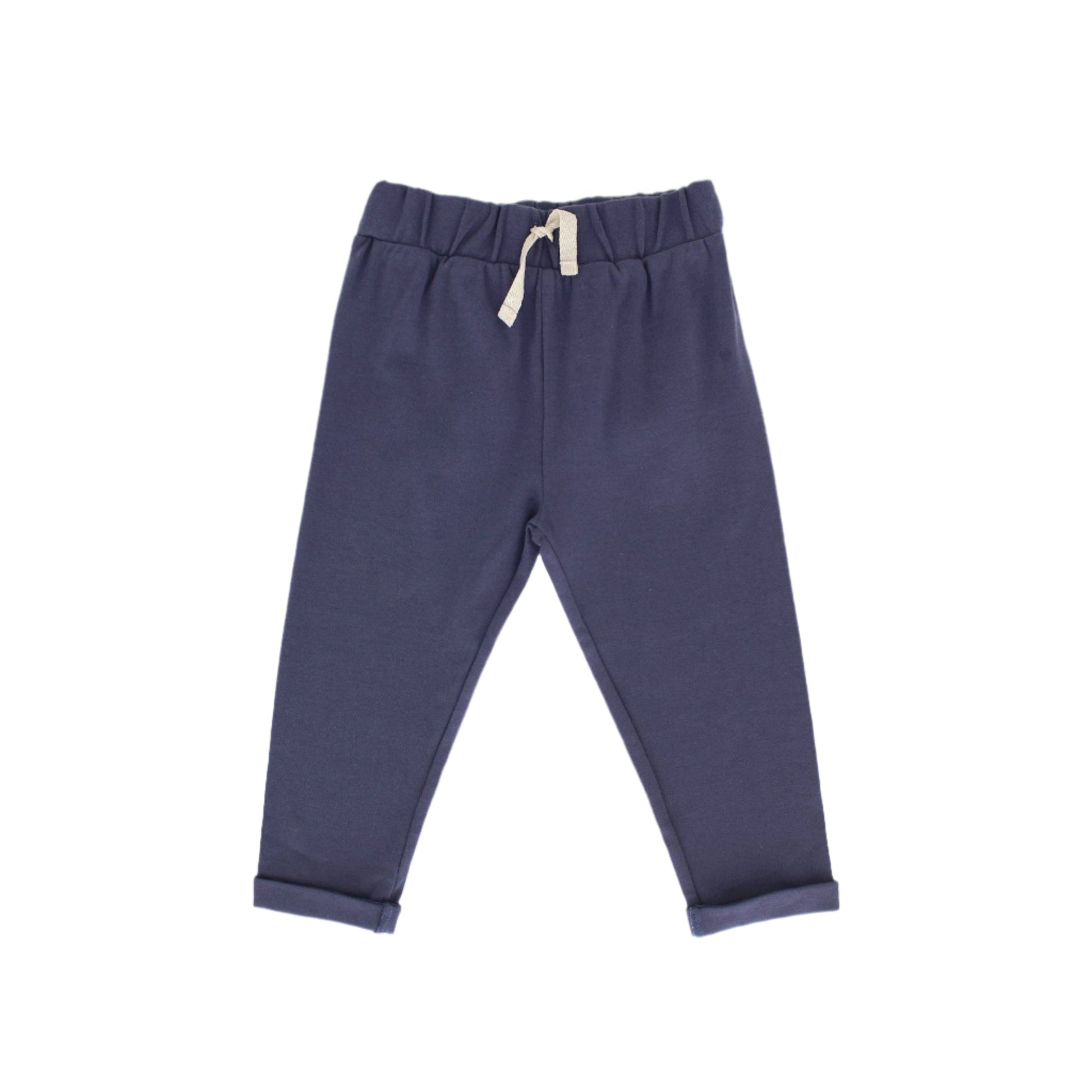 Navy blue pants with a drawstring on a light gray background