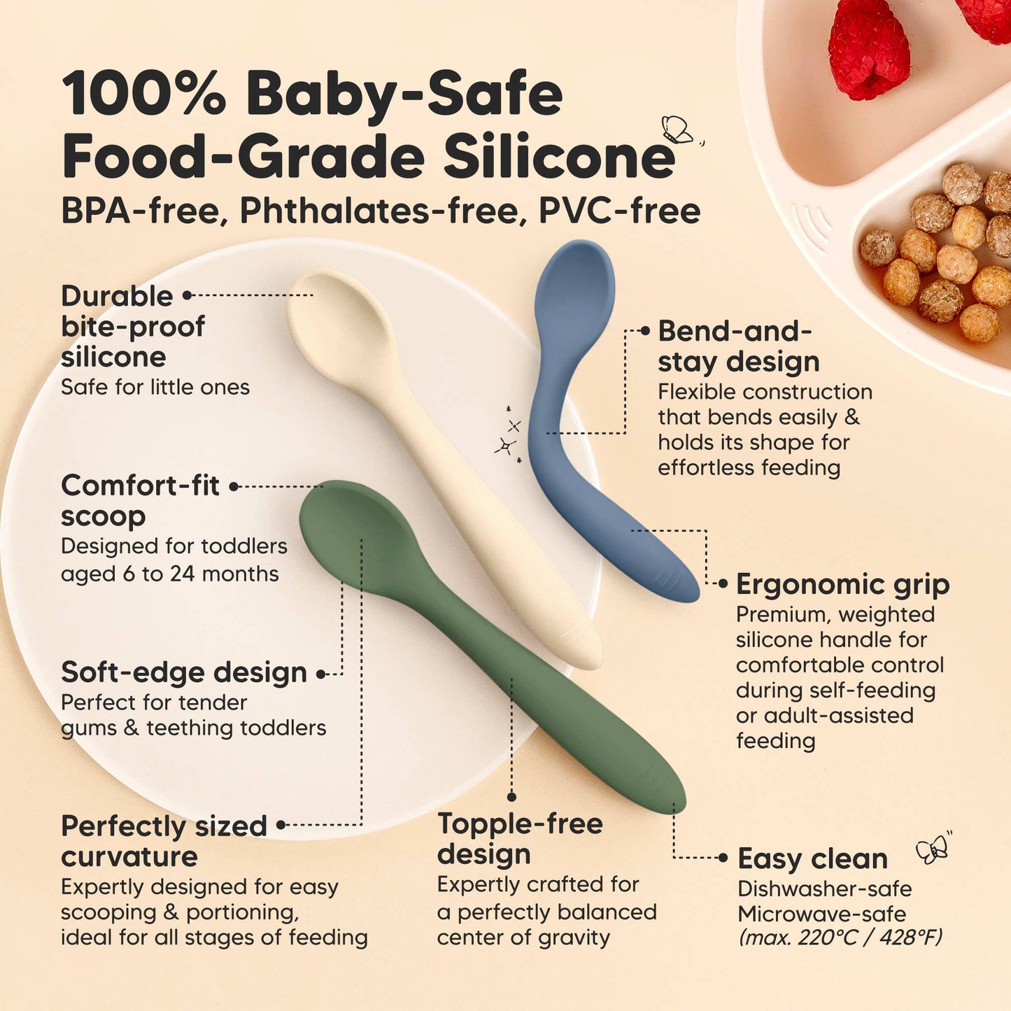 KeaBabies - 3-Pack Prep Silicone Baby Spoons for Toddlers 6-24 months