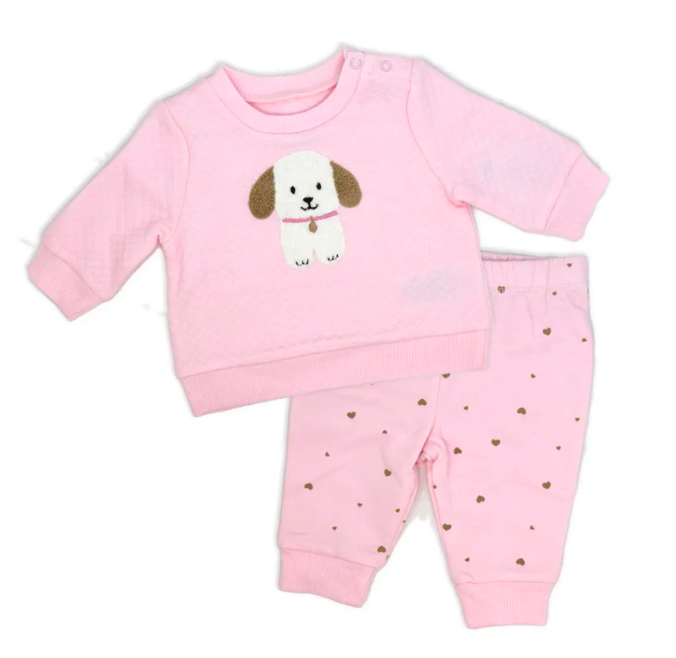 Baby Mode - Girls 2 Piece Fleece Set: Puppy Rose Textiles